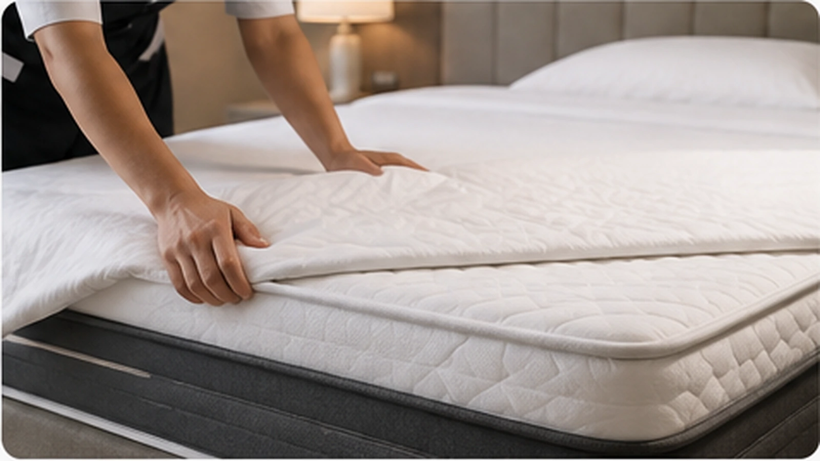 Hotel housekeeping preparing a mattress with protective bedding layers