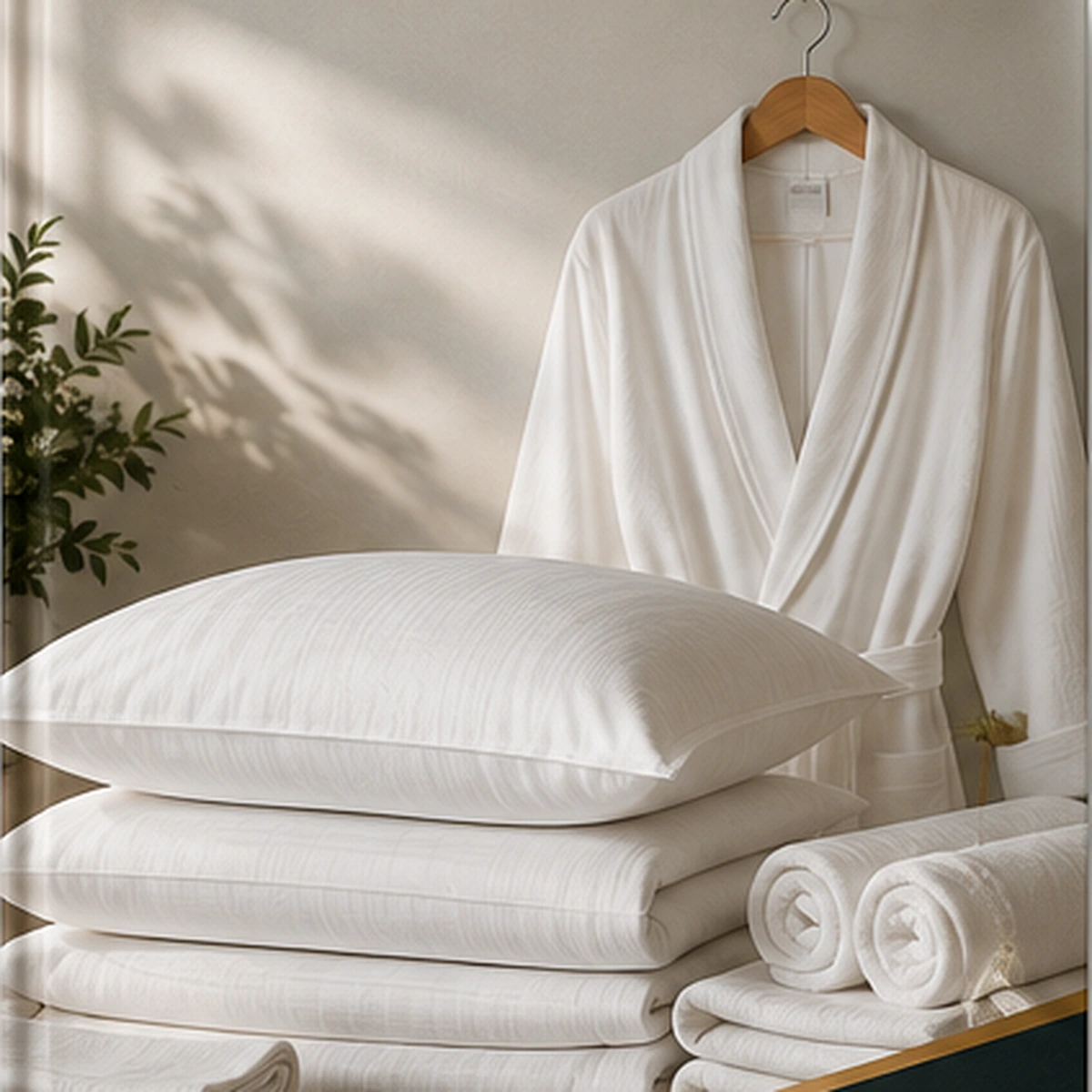 Premium hotel linen, pillows, towels and bathrobe