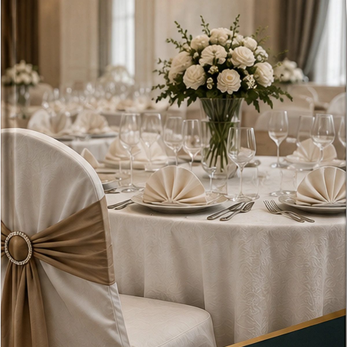 Elegant banquet table linen and chair textile setting